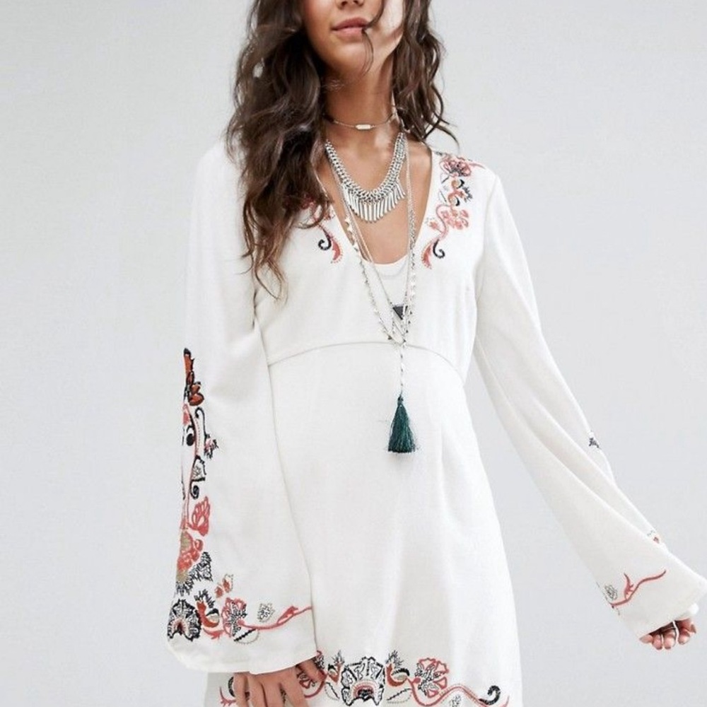 Free People holiday folk mini dress ivory cute size 10